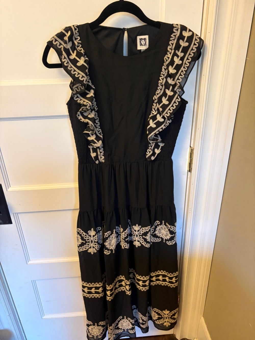 Women’s Black Embroidered Ruffle Midi Dress